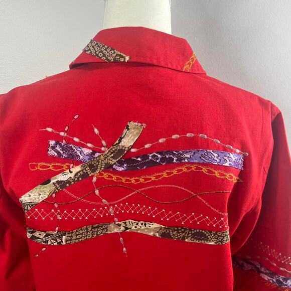 Coldwater Creek Button Front Shirt Jacket Small Red Maximalist Art to Wear - Picture 6 of 7